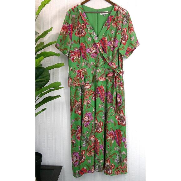 Gibson Latimer Green Floral Peplum Midi Faux Wrap V-Neck Dress Women's XL - Picture 1 of 11